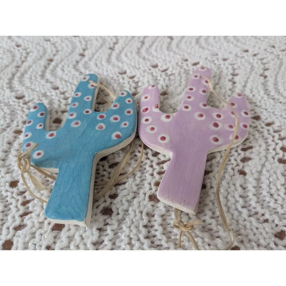 2 Ceramic Cactus Ornaments - Hand painted blue and pink - 3.5
